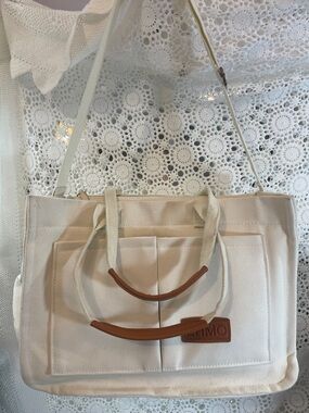 Canvas Tote Shoulder Bag in Cream W/ Brown Accents 14”L 10” T, 5” W versatile